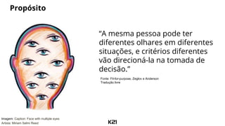 “A mesma pessoa pode ter
diferentes olhares em diferentes
situações, e critérios diferentes
vão direcioná-la na tomada de
decisão.”
Propósito
Fonte: Fit-for-purpose, Zeglov e Anderson
Tradução livre
Imagem: Caption: Face with multiple eyes
Artista: Miriam Selmi Reed
 