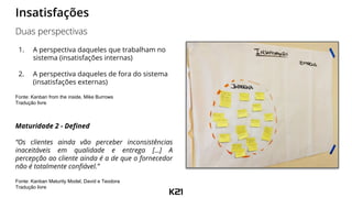 1. A perspectiva daqueles que trabalham no
sistema (insatisfações internas)
2. A perspectiva daqueles de fora do sistema
(insatisfações externas)
Fonte: Kanban from the inside, Mike Burrows
Tradução livre
Maturidade 2 - Defined
“Os clientes ainda vão perceber inconsistências
inaceitáveis em qualidade e entrega [...] A
percepção ao cliente ainda é a de que o fornecedor
não é totalmente confiável.”
Fonte: Kanban Maturity Model, David e Teodora
Tradução livre
Insatisfações
Duas perspectivas
 