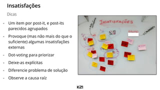 - Um item por post-it, e post-its
parecidos agrupados
- Provoque (mas não mais do que o
suficiente) algumas insatisfações
externas
- Dot-voting para priorizar
- Deixe-as explícitas
- Diferencie problema de solução
- Observe a causa raíz
Insatisfações
Dicas
 