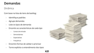 Demandas
Com base na lista de itens de backlog:
- Identifique padrões
- Agrupe demandas
- Liste os tipos de demanda
- Encontre as características de cada tipo
- Canais de entrada
- Demandantes
- Expectativas
- Frequência
- Encontre formas de validar e priorizar
- Torne explícito o entendimento dos tipos
Dinâmica
 