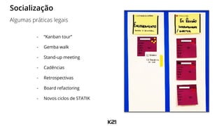 - “Kanban tour”
- Gemba walk
- Stand-up meeting
- Cadências
- Retrospectivas
- Board refactoring
- Novos ciclos de STATIK
Socialização
Algumas práticas legais
 