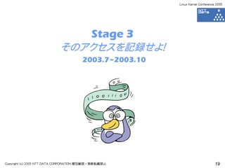 Linux Kernel Conference 2005




                                           Stage 3
                           そのアクセスを記録せよ！
                                      2003.7~2003.10




Copyright (c) 2005 NTT DATA CORPORATION 複写厳禁・無断転載禁止                           19
 