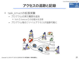 Linux Kernel Conference 2005



                              アクセスの追跡と記録

    • task_structの拡張実験
         – プログラムの実行履歴を追加
               • fork()/execve()の仕組みを活用
         – プログラム毎のファイルアクセスが追跡可能に




Copyright (c) 2005 NTT DATA CORPORATION 複写厳禁・無断転載禁止                          22
 