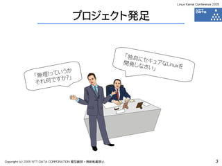 Linux Kernel Conference 2005



                                  プロジェクト発足


                                                      「独自に
                                                           セキュア
                                                      開発し
                                                          なさい」 なLinuxを
                     いうか
               「無理！って ？」
                     すか
               それ何で




Copyright (c) 2005 NTT DATA CORPORATION 複写厳禁・無断転載禁止                                          3
 