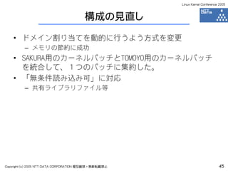 Linux Kernel Conference 2005



                                       構成の見直し

    • ドメイン割り当てを動的に行うよう方式を変更
         – メモリの節約に成功
    • SAKURA用のカーネルパッチとTOMOYO用のカーネルパッチ
      を統合して、１つのパッチに集約した。
    • 「無条件読み込み可」に対応
         – 共有ライブラリファイル等




Copyright (c) 2005 NTT DATA CORPORATION 複写厳禁・無断転載禁止                          45
 