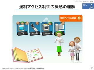 Linux Kernel Conference 2005



                    強制アクセス制御の概念の理解




Copyright (c) 2005 NTT DATA CORPORATION 複写厳禁・無断転載禁止                            7
 