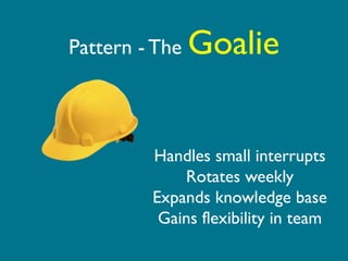 Pattern - The        Goalie


                Handles small interrupts
                    Rotates weekly
                Expands knowledge base
                 Gains flexibility in team
         	
  
 