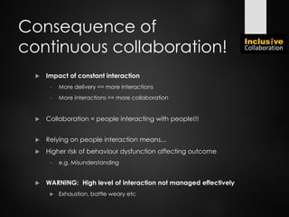 Consequence of
continuous collaboration!
 Impact of constant interaction
− More delivery == more interactions
− More interactions == more collaboration
 Collaboration = people interacting with people!!!
 Relying on people interaction means...
 Higher risk of behaviour dysfunction affecting outcome
− e.g. Misunderstanding
 WARNING: High level of interaction not managed effectively
 Exhaustion, battle weary etc
 