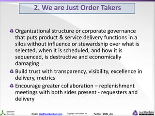 Copyright Lean Kanban Inc.Email: dja@leankanban.com Twitter: @LKI_dja
2. We are Just Order Takers
Organizational structure...