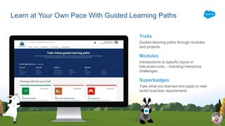 Learn at Your Own Pace With Guided Learning Paths
Trails
Guided learning paths through modules
and projects.
Modules
Introductions to specific topics in
bite-sized units – including interactive
challenges.
Superbadges
Take what you learned and apply to real-
world business requirementsgreater team productivity
 