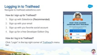 Logging in to Trailhead
How do I sign up for Trailhead?
1. Sign up with Salesforce (Recommended)
2. Sign up with your email
3. Sign up with you favorite social account
4. Sign up for a free Developer Edition Org
How do I log in to Trailhead?
Click “Login” in the top right corner of Trailhead's menu
bar.
Navigate to trailhead.salesforce.com
 