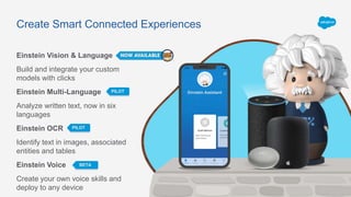 Create Smart Connected Experiences
Einstein Vision & Language
Build and integrate your custom
models with clicks
Einstein Multi-Language
Analyze written text, now in six
languages
Einstein OCR
Identify text in images, associated
entities and tables
Einstein Voice
Create your own voice skills and
deploy to any device
PILOT
PILOT
BETA
 