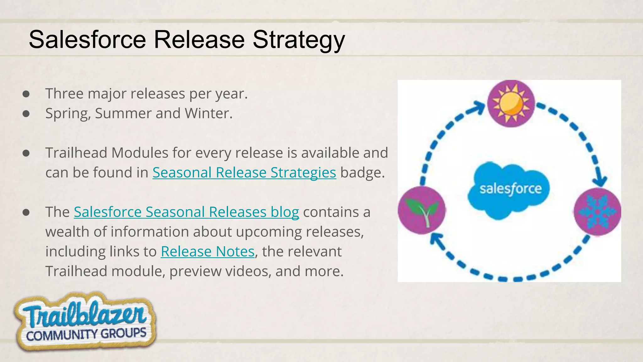 Salesforce Release Strategy
● Three major releases per year.
● Spring, Summer and Winter.
● Trailhead Modules for every release is available and
can be found in Seasonal Release Strategies badge.
● The Salesforce Seasonal Releases blog contains a
wealth of information about upcoming releases,
including links to Release Notes, the relevant
Trailhead module, preview videos, and more.
 