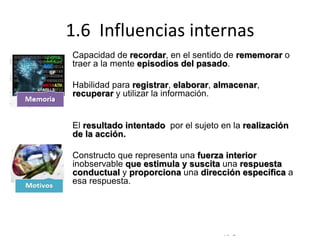 © Copyright Excellentia Fervic Education
1.6 Influencias internas
Capacidad de recordar, en el sentido de rememorar o
traer a la mente episodios del pasado.
Habilidad para registrar, elaborar, almacenar,
recuperar y utilizar la información.
El resultado intentado por el sujeto en la realización
de la acción.
Constructo que representa una fuerza interior
inobservable que estimula y suscita una respuesta
conductual y proporciona una dirección específica a
esa respuesta.
 