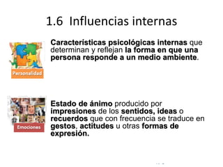 © Copyright Excellentia Fervic Education
1.6 Influencias internas
Características psicológicas internas que
determinan y reflejan la forma en que una
persona responde a un medio ambiente.
Estado de ánimo producido por
impresiones de los sentidos, ideas o
recuerdos que con frecuencia se traduce en
gestos, actitudes u otras formas de
expresión.
 