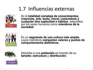 © Copyright Excellentia Fervic Education
1.7 Influencias externas
Es la totalidad compleja de conocimientos,
creencias, arte, leyes, moral, costumbres y
cualquier otra capacidad o hábitos adquiridos
por los seres humanos como miembros de la
sociedad.
Es un segmento de una cultura más amplia,
cuyos miembros comparten valores y puntos de
comportamiento distintivos.
Describe a una población en función de su
tamaño, estructura y distribución.
 