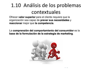 © Copyright Excellentia Fervic Education
1.10 Análisis de los problemas
contextuales
Ofrecer valor superior para el cliente requiere que la
organización sea capaz de prever sus necesidades y
reaccionar mejor que la competencia.
La comprensión del comportamiento del consumidor es la
base de la formulación de la estrategia de marketing.
 