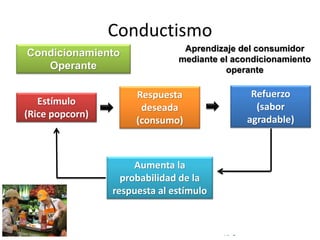 © Copyright Excellentia Fervic Education
Conductismo
Condicionamiento
Operante
Estímulo
(Rice popcorn)
Respuesta
deseada
(consumo)
Refuerzo
(sabor
agradable)
Aumenta la
probabilidad de la
respuesta al estímulo
Aprendizaje del consumidor
mediante el acondicionamiento
operante
 