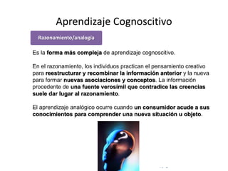 © Copyright Excellentia Fervic Education
Aprendizaje Cognoscitivo
Es la forma más compleja de aprendizaje cognoscitivo.
En el razonamiento, los individuos practican el pensamiento creativo
para reestructurar y recombinar la información anterior y la nueva
para formar nuevas asociaciones y conceptos. La información
procedente de una fuente verosímil que contradice las creencias
suele dar lugar al razonamiento.
El aprendizaje analógico ocurre cuando un consumidor acude a sus
conocimientos para comprender una nueva situación u objeto.
Razonamiento/analogía
 