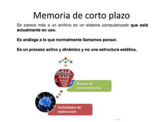 © Copyright Excellentia Fervic Education
Memoria de corto plazo
Se parece más a un archivo en un sistema computarizado que está
actualmente en uso.
Es análoga a lo que normalmente llamamos pensar.
Es un proceso activo y dinámico y no una estructura estática.
Actividades de
elaboración
Repaso de
mantenimiento
 