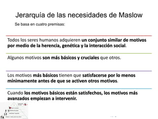 © Copyright Excellentia Fervic Education
Jerarquía de las necesidades de Maslow
Se basa en cuatro premisas:
Todos los seres humanos adquieren un conjunto similar de motivos
por medio de la herencia, genética y la interacción social.
Algunos motivos son más básicos y cruciales que otros.
Los motivos más básicos tienen que satisfacerse por lo menos
mínimamente antes de que se activen otros motivos.
Cuando los motivos básicos están satisfechos, los motivos más
avanzados empiezan a intervenir.
 