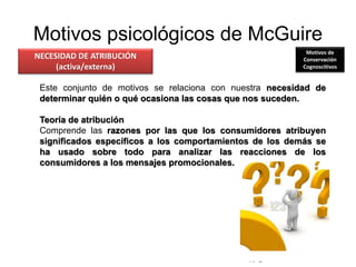 © Copyright Excellentia Fervic Education
Motivos psicológicos de McGuire
Este conjunto de motivos se relaciona con nuestra necesidad de
determinar quién o qué ocasiona las cosas que nos suceden.
Teoría de atribución
Comprende las razones por las que los consumidores atribuyen
significados específicos a los comportamientos de los demás se
ha usado sobre todo para analizar las reacciones de los
consumidores a los mensajes promocionales.
NECESIDAD DE ATRIBUCIÓN
(activa/externa)
Motivos de
Conservación
Cognoscitivos
 