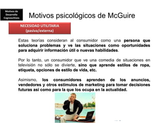 © Copyright Excellentia Fervic Education
Motivos psicológicos de McGuire
Estas teorías consideran al consumidor como una persona que
soluciona problemas y ve las situaciones como oportunidades
para adquirir información útil o nuevas habilidades.
Por lo tanto, un consumidor que ve una comedia de situaciones en
televisión no sólo se divierte, sino que aprende estilos de ropa,
etiqueta, opciones de estilo de vida, etc.
Asimismo, los consumidores aprenden de los anuncios,
vendedores y otros estímulos de marketing para tomar decisiones
futuras así como para la que los ocupa en la actualidad.
NECESIDAD UTILITARIA
(pasiva/externa)
Motivos de
Desarrollo
Cognoscitivos
 