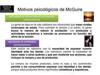 © Copyright Excellentia Fervic Education
Motivos psicológicos de McGuire
La gente se topa en la vida cotidiana con situaciones que crean niveles
incómodos de estrés. Para controlar la tensión y el estrés, la gente
busca la manera de reducir la excitación. Los productos y
actividades recreativos a menudo se promueven en función del
alivio de la tensión.
Este motivo se relaciona con la necesidad de expresar nuestra
identidad ante los demás. Los individuos sienten la necesidad de
hacer saber a otros quiénes y qué son mediante sus acciones, que
incluyen la compra y uso de productos.
La compra de muchos productos, como la ropa y los automóviles
permite a los consumidores expresar una identidad a los demás,
porque estos productos tienen significados simbólicos y expresivos.
NECESIDAD DE REDUCCIÓN DE LA TENSIÓN
(activa/interna)
Motivos de
Afectivos
de Conservación
NECESIDAD DE EXPRESIÓN
(activa/externa)
 