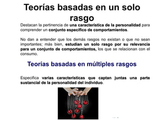 © Copyright Excellentia Fervic Education
Teorías basadas en un solo
rasgo
Destacan la pertinencia de una característica de la personalidad para
comprender un conjunto específico de comportamientos.
No dan a entender que los demás rasgos no existan o que no sean
importantes; más bien, estudian un solo rasgo por su relevancia
para un conjunto de comportamientos, los que se relacionan con el
consumo.
Especifica varias características que captan juntas una parte
sustancial de la personalidad del individuo.
Teorías basadas en múltiples rasgos
 
