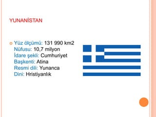 YUNANİSTAN 
 Yüz ölçümü: 131 990 km2 
Nüfusu: 10,7 milyon 
İdare şekli: Cumhuriyet 
Başkenti: Atina 
Resmi dili: Yunanca 
Dini: Hristiyanlık 
 