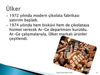  1972 yılında modern çikolata fabrikası
yatırımı başladı.
 1974 yılında hem bisküvi hem de çikolataya
hizmet verecek Ar-Ge departmanı kuruldu.
Ar-Ge çalışmalarıyla, Ülker markalı ürünler
çeşitlendi.
Yaşar Üniversitesi, İzmir 10
 