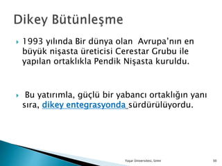 1993 yılında Bir dünya olan Avrupa’nın en
büyük nişasta üreticisi Cerestar Grubu ile
yapılan ortaklıkla Pendik Nişasta kuruldu.
 Bu yatırımla, güçlü bir yabancı ortaklığın yanı
sıra, dikey entegrasyonda sürdürülüyordu.
Yaşar Üniversitesi, İzmir 30
 