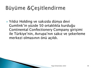  Yıldız Holding ve sakızda dünya devi
Gumlink’in yüzde 50 ortaklıkla kurduğu
Continental Confectionery Company girişimi
ile Türkiye’nin, Avrupa’nın sakız ve şekerleme
merkezi olmasının önü açıldı.
Yaşar Üniversitesi, İzmir 39
 