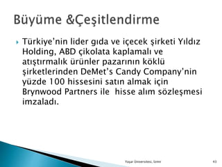  Türkiye’nin lider gıda ve içecek şirketi Yıldız
Holding, ABD çikolata kaplamalı ve
atıştırmalık ürünler pazarının köklü
şirketlerinden DeMet’s Candy Company’nin
yüzde 100 hissesini satın almak için
Brynwood Partners ile hisse alım sözleşmesi
imzaladı.
Yaşar Üniversitesi, İzmir 43
 