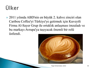  2011 yılında ABD'nin en büyük 2. kahve zinciri olan
Caribou Coffee'yi Türkiye'ye getirmek için Kuveytli
Firma Al-Sayer Grup ile ortaklık anlaşması imzaladı ve
bu markayı Avrupa'ya taşıyacak önemli bir rolü
üstlendi.
Yaşar Üniversitesi, İzmir 54
 