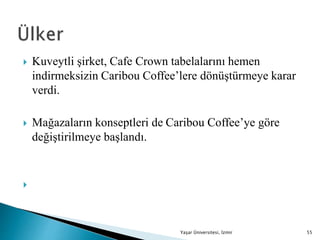  Kuveytli şirket, Cafe Crown tabelalarını hemen
indirmeksizin Caribou Coffee’lere dönüştürmeye karar
verdi.
 Mağazaların konseptleri de Caribou Coffee’ye göre
değiştirilmeye başlandı.

Yaşar Üniversitesi, İzmir 55
 