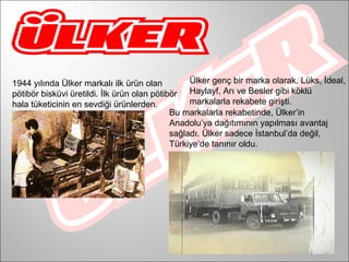1944 yılında Ülker markalı ilk ürün olan          Ülker genç bir marka olarak, Lüks, İdeal,
pötibör bisküvi üretildi. İlk ürün olan pötibör Haylayf, Arı ve Besler gibi köklü
hala tüketicinin en sevdiği ürünlerden.           markalarla rekabete girişti.
                                             Bu markalarla rekabetinde, Ülker’in
                                             Anadolu’ya dağıtımının yapılması avantaj
                                             sağladı. Ülker sadece İstanbul’da değil,
                                             Türkiye’de tanınır oldu.
 