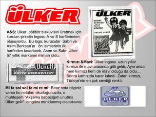 A&S: Ülker pötibör bisküvisini üretmek için
kurulan şirketin logosu A ve S harflerinden
oluşuyordu. Bu logo, kurucular Sabri ve
Asım Berksan’ın ön isimlerinin ilk
harfinden tasarlandı. Asım ve Sabri Ülker
67 yıllık markanın mimarı oldu.
                                     Kırmızı &Mavi: Ülker logosu uzun yıllar
                                     kırmızı ile mavi arasında gitti geldi. Aynı anda
                                     hem kırmızı hem de mavi olduğu da oldu…
                                     Sonra kırmızıda karar kılındı. Zaten kırmızı,
                                     Türkiye’nin en çok sevdiği renkti.
Mi fa sol sol fa mi re mi: Biraz nota bilginiz
varsa bu notaları okuduğunuzda, o
muhteşem “Akşama babacığım unutma
Ülker gelir” cıngılını mırıldanmış olacaksınız.
 