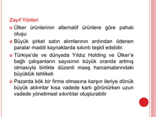 Zayıf Yönleri
 Ülker ürünlerinin alternatif ürünlere göre pahalı
oluşu
 Büyük şirket satın alımlarının ardından ödenen
paralar maddi kaynaklarda sıkıntı teşkil edebilir.
 Türkiye’de ve dünyada Yıldız Holding ve Ülker’e
bağlı çalışanların sayısının büyük oranda artmış
olmasıyla birlikte düzenli maaş harcamalarındaki
büyüklük tehlikeli
 Pazarda kök bir firma olmasına karşın ileriye dönük
büyük atılımlar kısa vadede karlı görünürken uzun
vadede yönetimsel sıkıntılar oluşturabilir
 