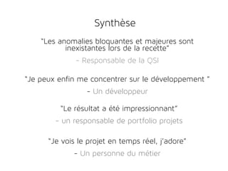 Synthèse
“Les anomalies bloquantes et majeures sont
inexistantes lors de la recette”
- Responsable de la QSI
“Je peux enfin me concentrer sur le développement ”
- Un développeur
“Le résultat a été impressionnant”
- un responsable de portfolio projets
“Je vois le projet en temps réel, j’adore”
- Un personne du métier
 