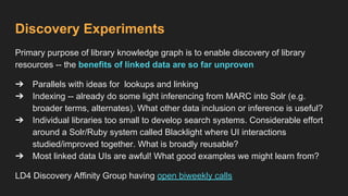 Discovery Experiments
Primary purpose of library knowledge graph is to enable discovery of library
resources -- the benefits of linked data are so far unproven
➔ Parallels with ideas for lookups and linking
➔ Indexing -- already do some light inferencing from MARC into Solr (e.g.
broader terms, alternates). What other data inclusion or inference is useful?
➔ Individual libraries too small to develop search systems. Considerable effort
around a Solr/Ruby system called Blacklight where UI interactions
studied/improved together. What is broadly reusable?
➔ Most linked data UIs are awful! What good examples we might learn from?
LD4 Discovery Affinity Group having open biweekly calls
 