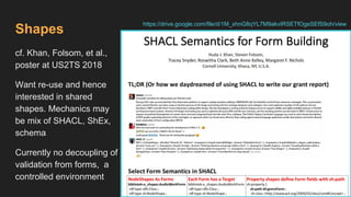 Shapes
cf. Khan, Folsom, et al.,
poster at US2TS 2018
Want re-use and hence
interested in shared
shapes. Mechanics may
be mix of SHACL, ShEx,
schema
Currently no decoupling of
validation from forms, a
controlled environment
https://drive.google.com/file/d/1M_xhnG8qYL7M9akvIRSETfOgeSEfS9oh/view
 