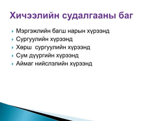  Мэргэжлийн багш нарын хүрээнд
 Сургуулийн хүрээнд
 Хөрш сургуулийн хүрээнд
 Сум дүүргийн хүрээнд
 Аймаг нийслэлийн хүрээнд
 