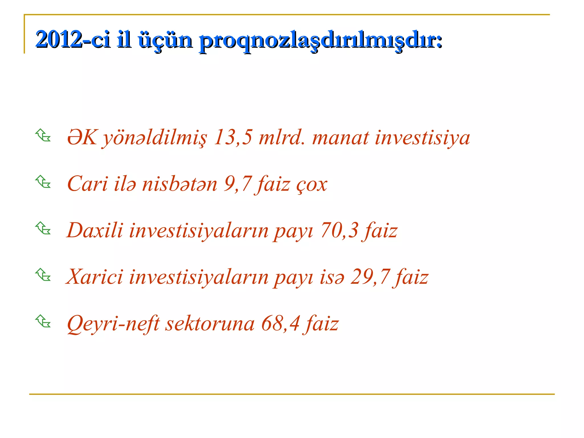 2012-ci il üçün proqnozlaşdırılmışdır:


   ƏK yönəldilmiş 13,5 mlrd. manat investisiya
   Cari ilə nisbətən 9,7 faiz çox
   Daxili investisiyaların payı 70,3 faiz
   Xarici investisiyaların payı isə 29,7 faiz
   Qeyri-neft sektoruna 68,4 faiz
 
