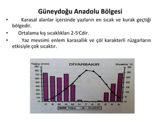Güneydoğu Anadolu Bölgesi
•     Karasal alanlar içersinde yazların en sıcak ve kurak geçtiği
  bölgedir.
•    Ortalama kış sıcaklıkları 2-5oCdir.
•      Yaz mevsimi enlem karasallık ve çöl karakterli rüzgarların
  etkisiyle çok sıcaktır.
 