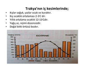 Trakya’nın iç kesimlerinde;
•   Kışlar soğuk, yazlar sıcak ve kuraktır.
•   Kış sıcaklık ortalaması 2-3oC dir.
•   Yıllık ortalama sıcaklık 12-13oCdir.
•   Yağış az, rejimi düzensizdir.
•   Doğal bitki örtüsü bozkır.
 