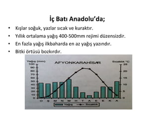 İç Batı Anadolu’da;
• Kışlar soğuk, yazlar sıcak ve kuraktır.
•   Yıllık ortalama yağış 400-500mm rejimi düzensizdir.
•   En fazla yağış ilkbaharda en az yağış yazındır.
•   Bitki örtüsü bozkırdır.
 