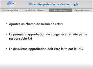 Analyse des besoinsContexte général Paramétrage Développement
• Ajouter un champ de raison de refus
• La première approbation de congé va être faite par le
responsable RH
• La deuxième approbation doit être faite par le D.G
17
Paramétrage des demandes de congés
 