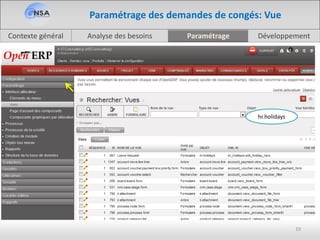 Analyse des besoinsContexte général Paramétrage Développement
19
Paramétrage des demandes de congés: Vue
hr.holidays
 
