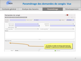 Analyse des besoinsContexte général Paramétrage Développement
21
Paramétrage des demandes de congés: Vue
 